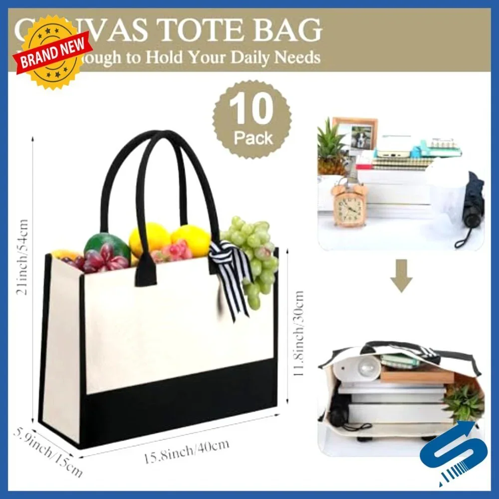 Canvas Tote Bags with Zipper Pocket Elegant Gift Set of 10 Reusable